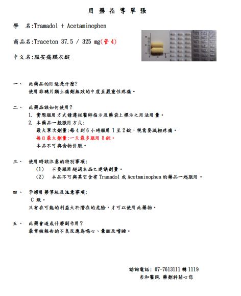 Traceton FC TAB 325/37.5mg服安痛用藥指導單張